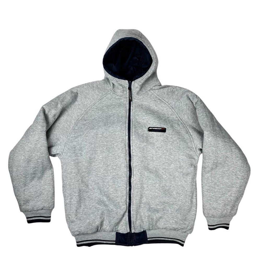 Speedo Jacket Mens Small Blue Gray Windbreaker Fleece Reversible Bomber Hooded